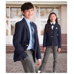 Lands End Navy Blue School Blazer Gold Buttons Boys Size 8 Cedar Hill Prep Patch